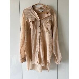 Oversized Cream Crinkle Gauze Button Down Shirt | Utility Pockets | Sz L
